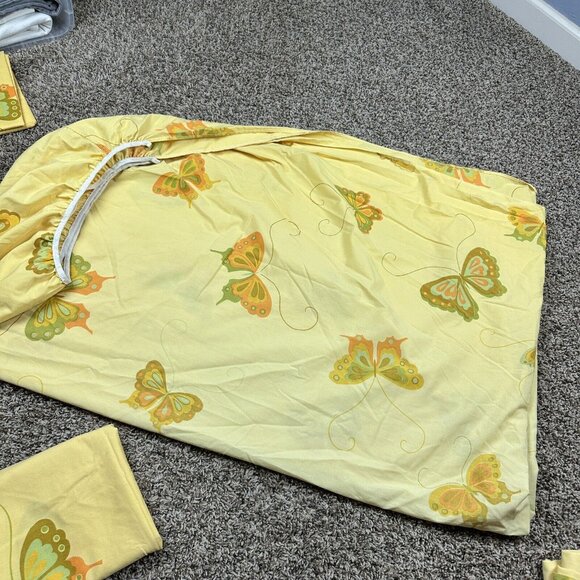 Vtg 60s 70s Hanae Mori 3 Pc Twin Sheet Set Butterfly Yellow MCM Retro Hippie - Picture 7 of 8